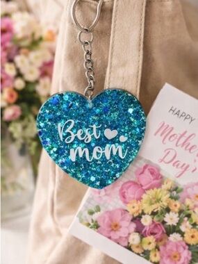 Best Mom Heart Keychain Card Holder - Blue Glitter